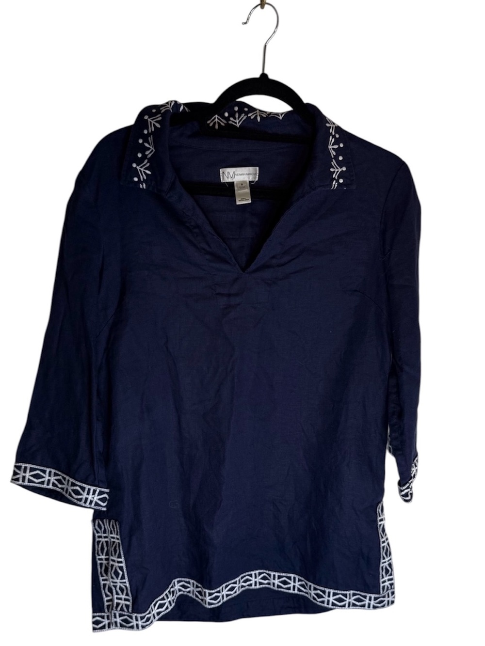 Neiman Marcus Navy Tunic with White Embroidered Trim